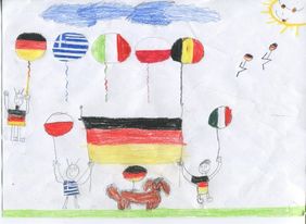 Kinderzeichnung- Kinder, Hund und viele Luftballons mit Flaggenmotiven.